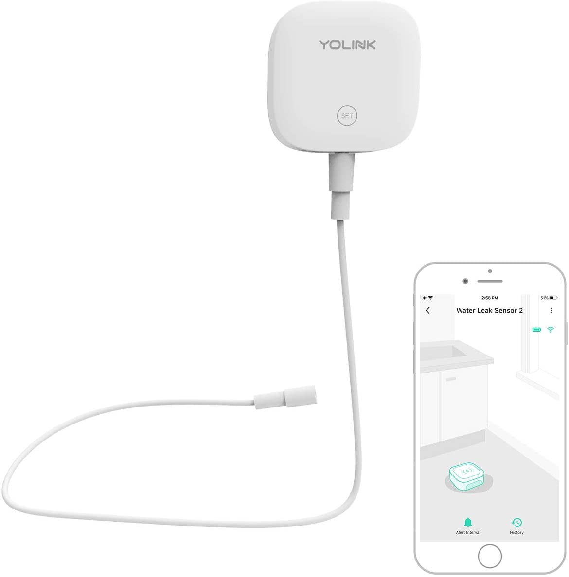YoLink Water Leak Sensor 2, 1/4 Mile World's Longest Range Smart Home Water Leak Sensor, Water Leak Detector with Built-in Siren Up to Works with Alexa and IFTTT - YoLink Hub