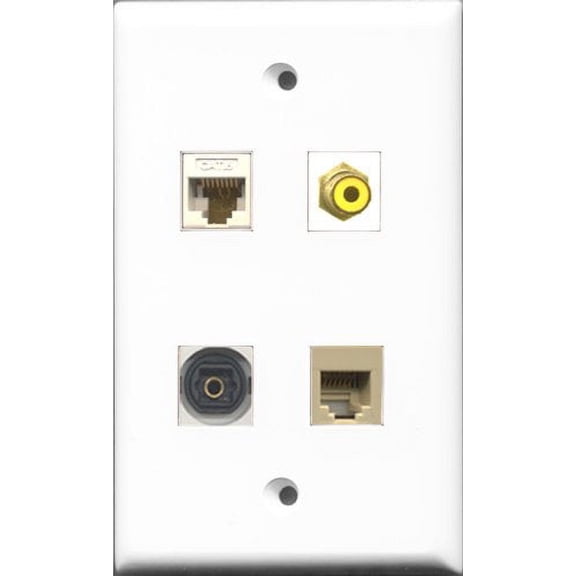 RiteAV 1 Port RCA Yellow and 1 Port Phone RJ11 RJ12 Beige and 1 Port Toslink and 1 Port Cat6 Ethernet White Wall Plate