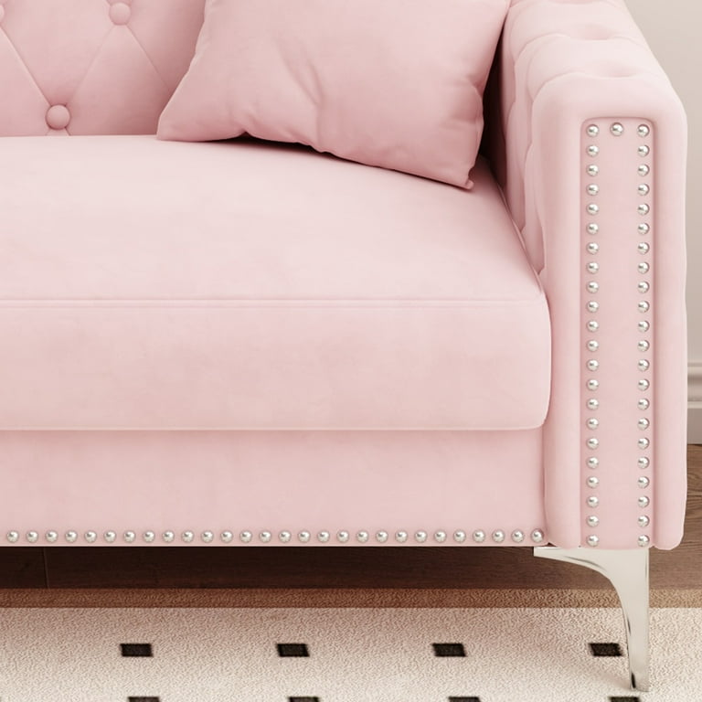Leumius Pink Sofa Couch Modern Velvet Upholstered Couch Casual Sofa for Large and Small Spaces with 2 Pillows 83 inch