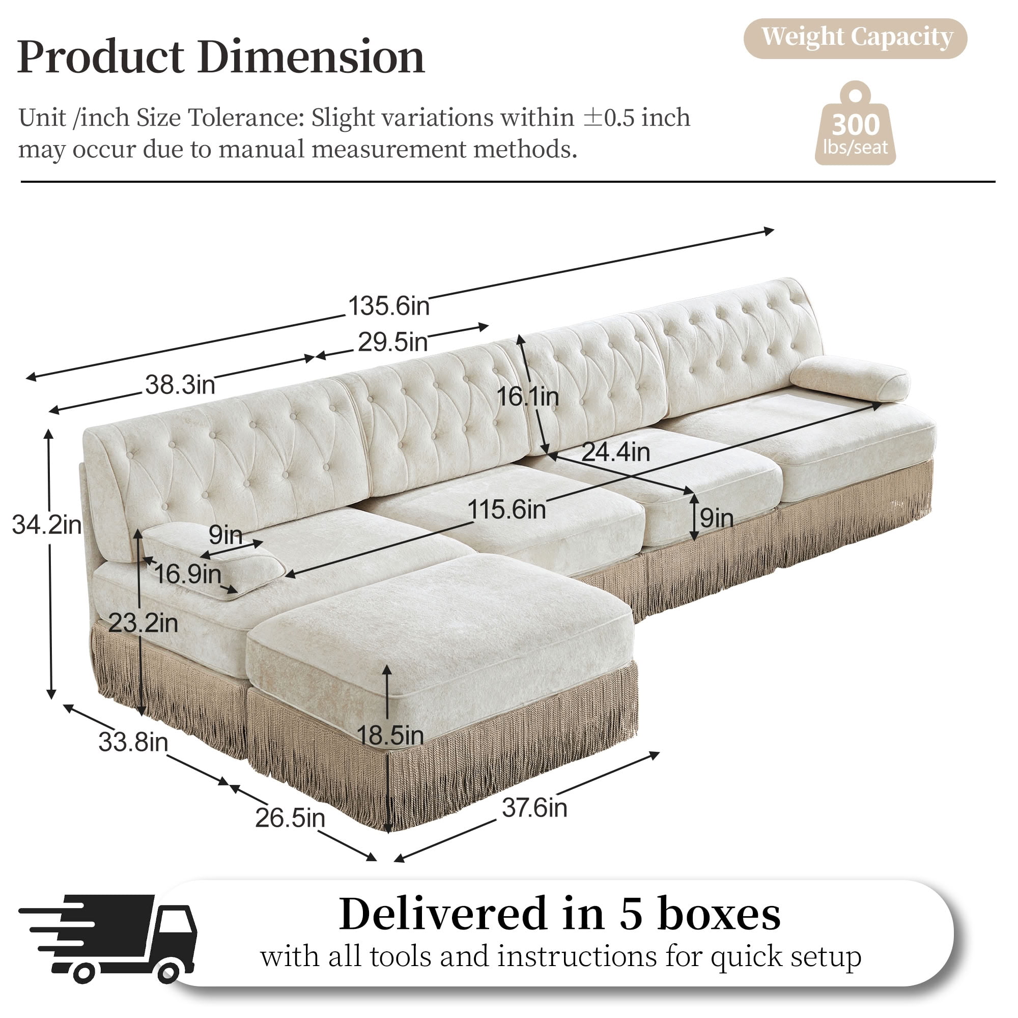 MAYEERTY 135 Inch L-Shaped Sectional Sofa, Pet Friendly Chesterfield Modular Couch with Ottoman, for Living Room Bedroom Rest Area