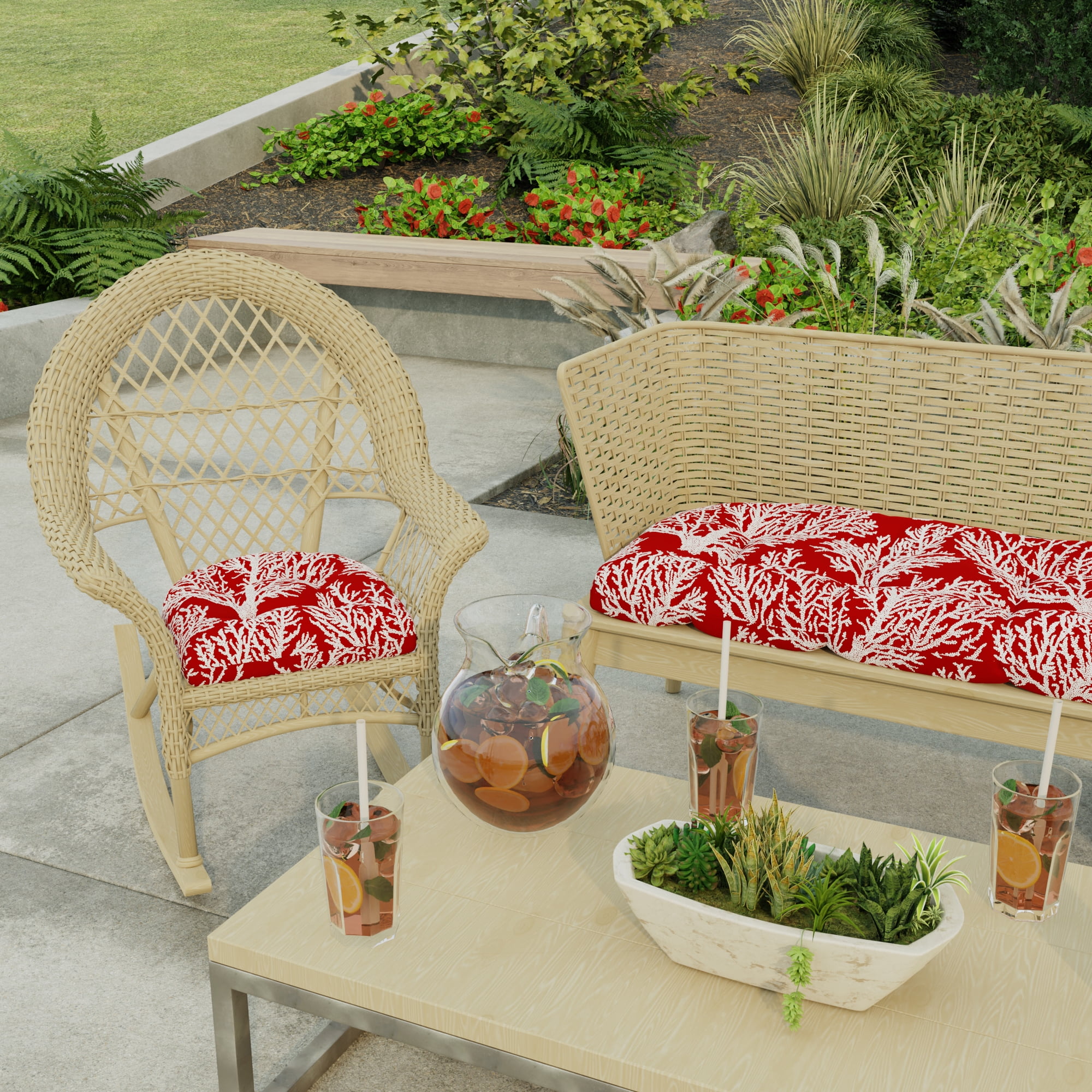 Jordan Manufacturing 18" x 18" Seacoral Red Nautical Square Tufted Contoured Outdoor Wicker Seat Cushion (2 Pack)
