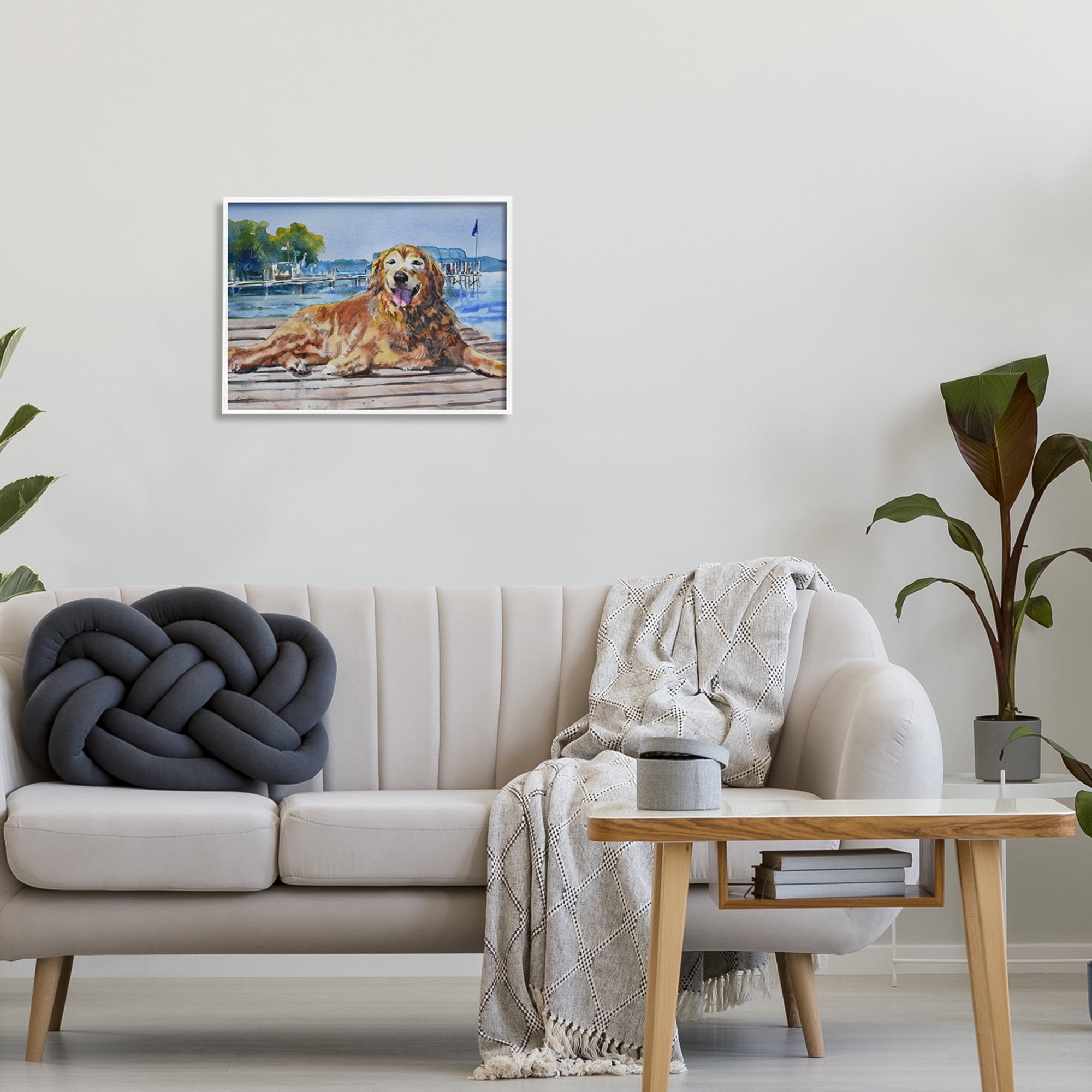 Stupell Industries Coastal Waterfront Scenery Golden Retriever Relaxing Dock Paintings White Framed Art Print Wall Art, 20x16, by MB Cunningham