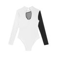 thumbnail image 5 of TiaoBug Women Rhinestone Color Block Ballet Dance Leotard Sheer Mesh Long Sleeve Gymnastics Bodysuit Tops White M, 5 of 6