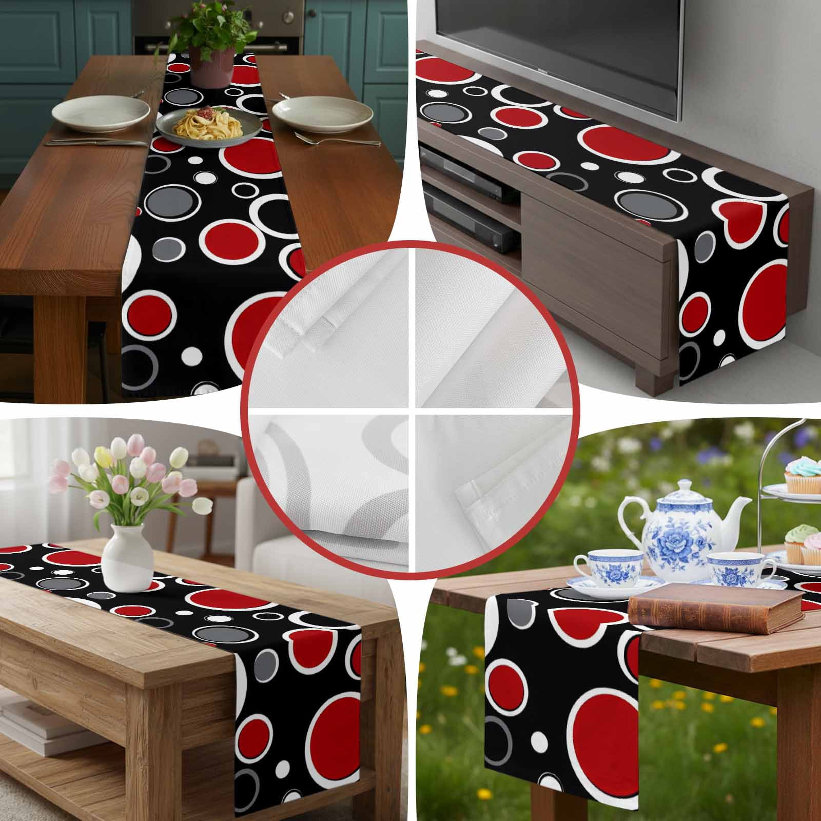 Abstract Red Black Circle Table Runner 90 Inches Long, Color Block on Black Table Runners Tabletop Scarf Kitchen Dining Tables Decoration for Home Party Indoor Outdoor