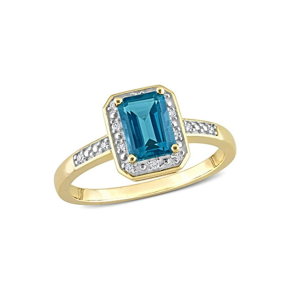 1.20 Carat (Ctw) Emerald-Cut London Blue Topaz Ring in 14K Yellow Gold with Diamonds for Women