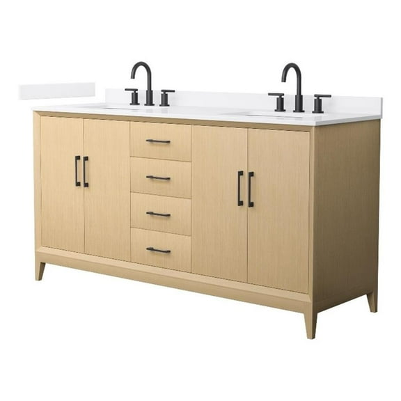 Janna 66" White Oak Double Vanity & White Quartz Top (3-Hole) & Black Trim