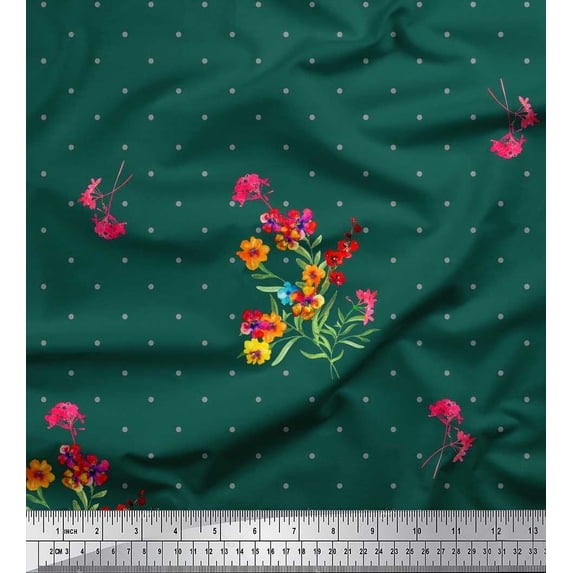 Soimoi Cotton Duck Fabric Dot,Leaves & Periwinkle Floral Printed Fabric 1 Yard 56 Inch Wide