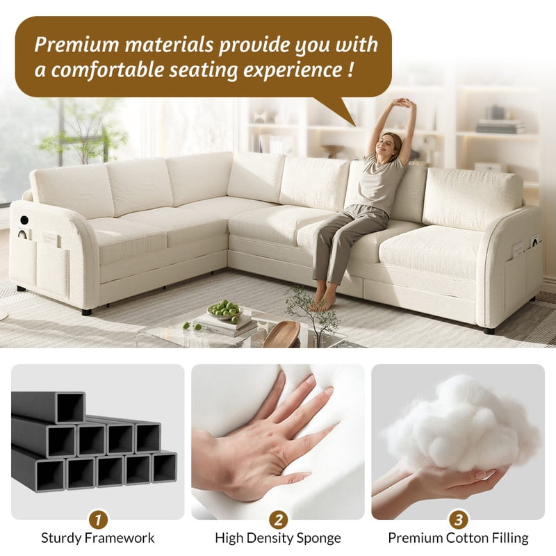 L-Shaped Sectional Sofa with Pull Out Bed, 115.2'' Convertible Sleeper Sofa with Reversible Chaise, USB Charging Ports & Side Pockets, Oversized 6-Seat Sofa Couch for Living Room