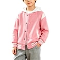 thumbnail image 2 of UDAUDU Kids Girls Boys Varsity Hoodie Jackets Baseball Jacket Button Down Lightweight Bomber Fall Winter Coat School Outwear with Pocket Hot Pink 1-2 Years, 2 of 6