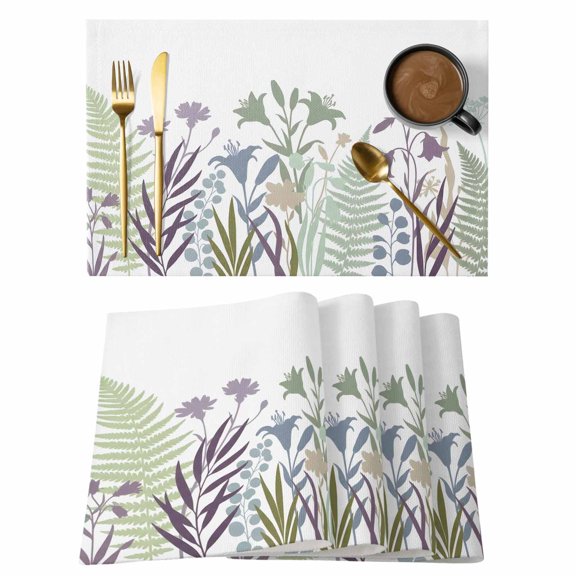 Purple Blue Flower Placemats Set of 12, Watercolor Green Leaf Spring Floral Country Non-Slip Place Mats Washable Table Mats for Kitchen Dining Table Decorations Indoor/Outdoor