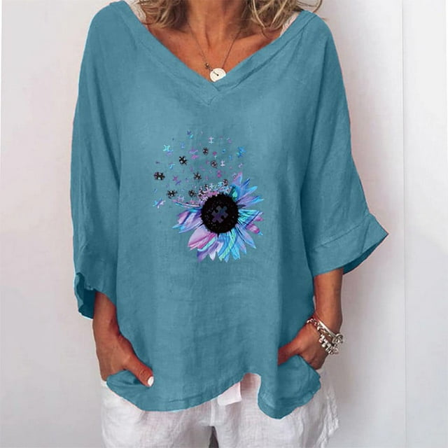 Hauts d'Été Mode Femme T-shirt Imprimé Tournesol Coton Chanvre Manches 3/4 Blouse Col Rond Hauts Décontractés Grande Taille Hauts pour Femmes en Liquidation