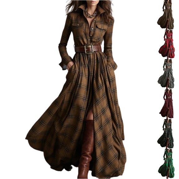 Women's Shirt Dress Plaid V-Neck Button Down Asymmetric Hem Side Slit Maxi Dress with Pockets for Spring Fall Casual,Army Green,L