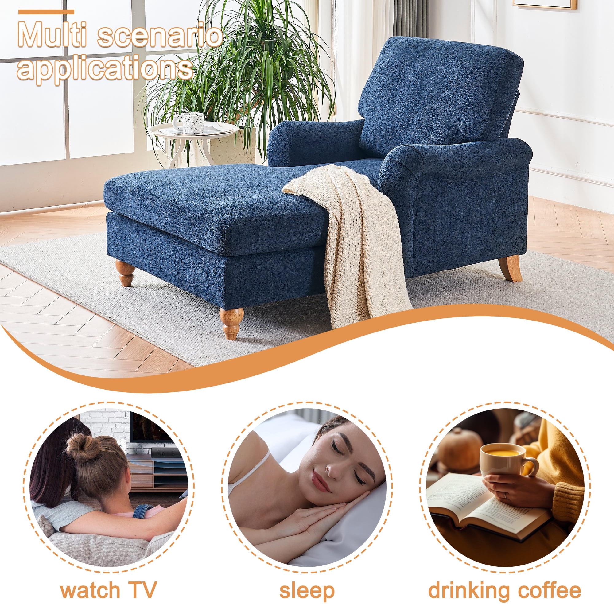Aukfa Modern Oversized Chaise with Adjustable Backrest, Sleeper Chair Sofa Recliner for Living Room, Blue