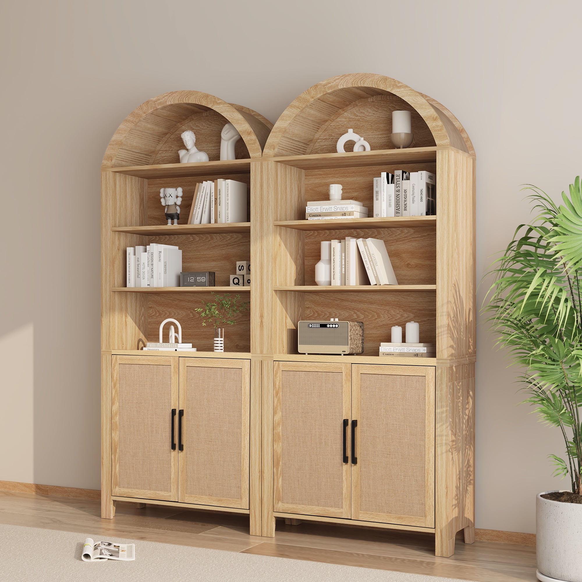 LEFHDA 2PCS 71" Tall Bookshelf, Arched Bookcase with Doors, Mid-Century Modern 6-Tier Bookshelf with Storage, Rattan Open Display Storage Shelf Bookshelf for Living Room Bedroom & Classroom(Oak)