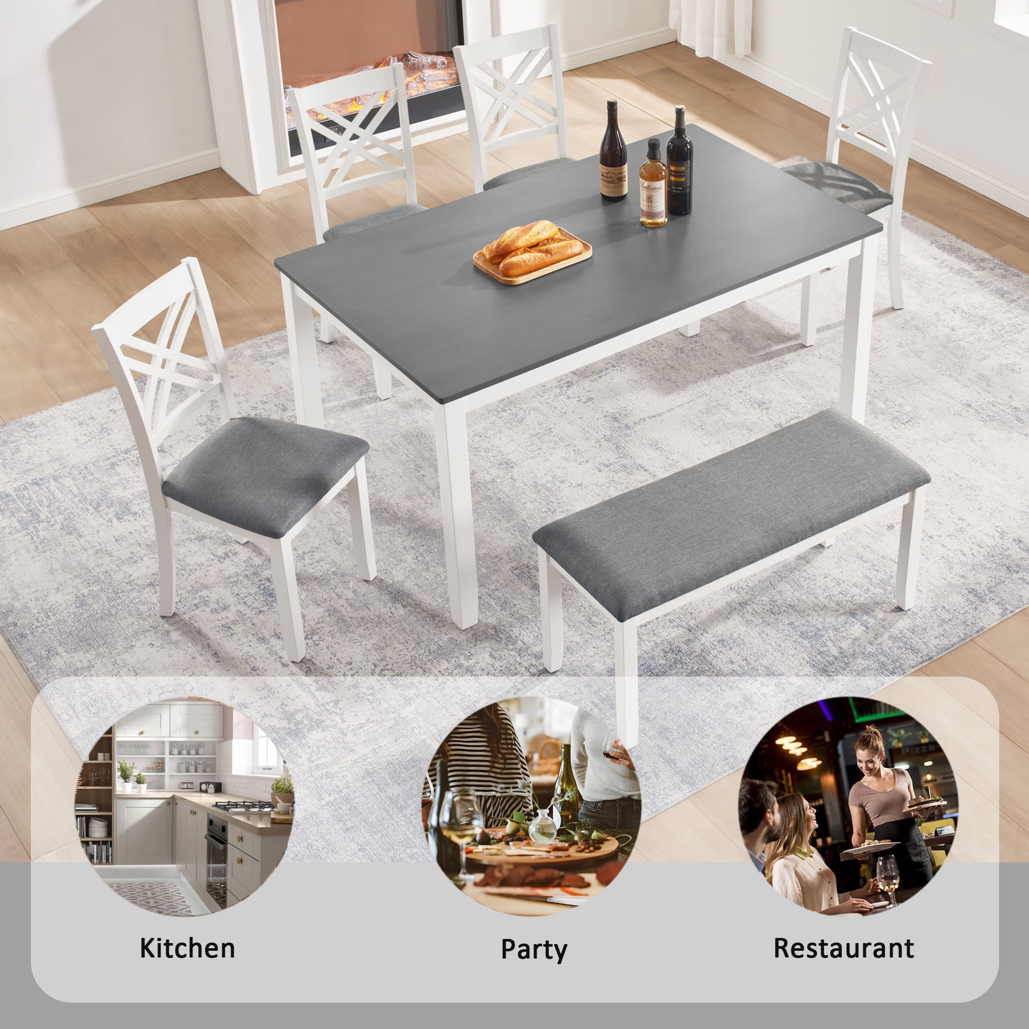 6 Piece Dining Set for 6, 58.5" Rectangular Dining Table with 4 Upholstered Chairs and a Bench