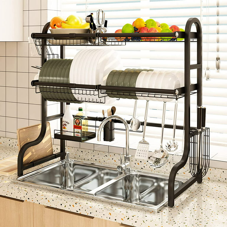 Over The Sink Dish Drying Rack, Yodudm 2 Tier Stainless Steel Large  Adjustable Kitchen Dish Drainer(27.5-33.5), Space Saver Storage Organizer  Shelf Above Counter with Utensil Holder and 6 Hooks 