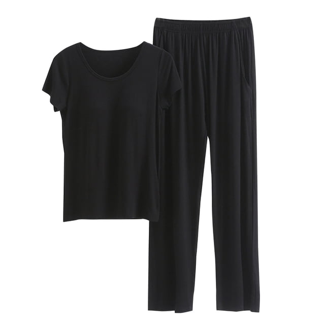 Gibobby Pijama de Navidad Mujeres con almohadillas en el pecho Sujetador Ropa interior Camiseta de manga corta Top 9 Pantalones Verano Delgado de ropa para el Conjunto (Negro, XL)