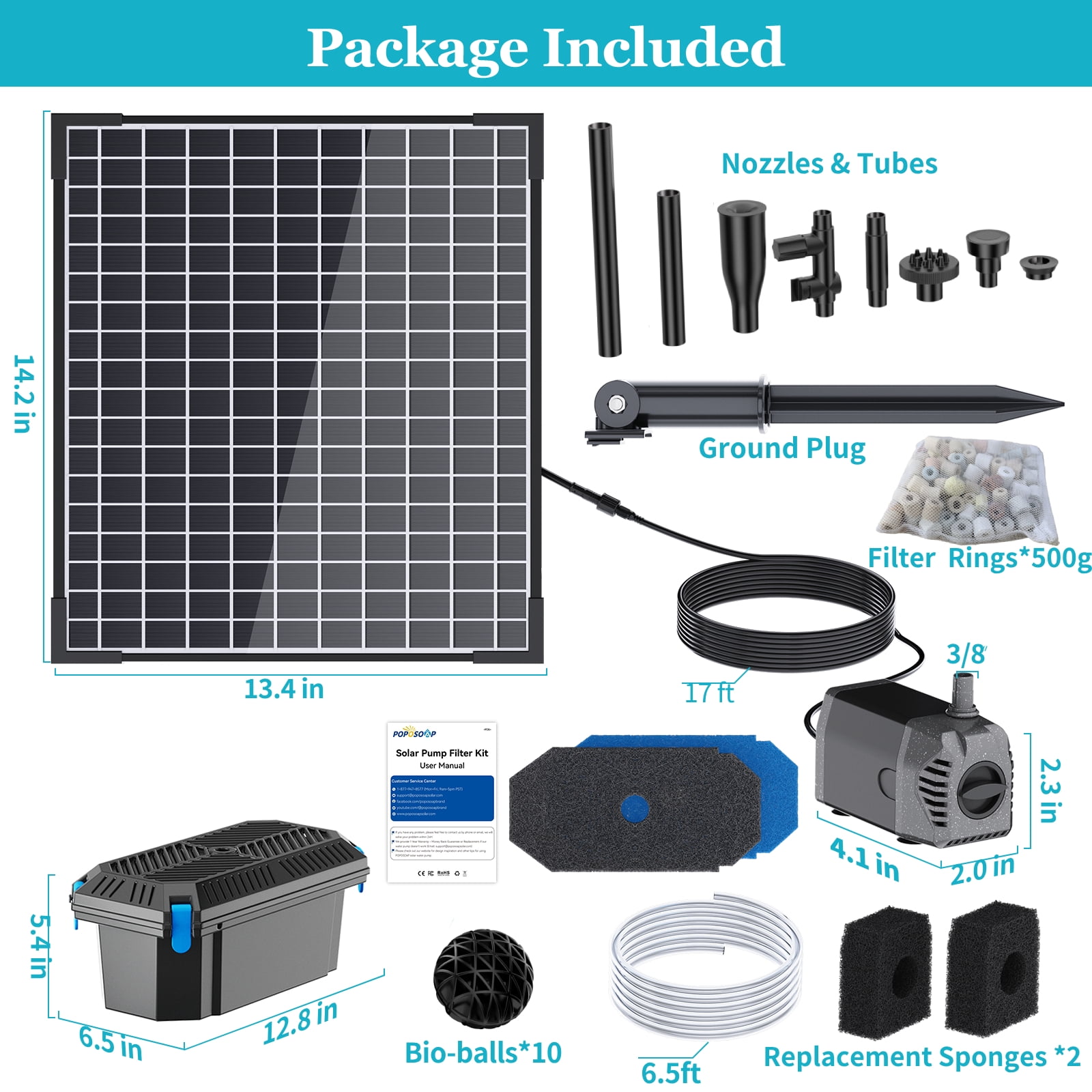 POPOSOAP 25W Solar Water Pump and Pond Filter System, Solar Powered Fountain Pump with Filter Box, 160GPH, for Outdoor Fish Ponds, Waterfalls and Gardens