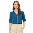 thumbnail image 1 of INSPIRE CHIC Blusa de trabajo de manga larga enrollable con cuello en V y ribete en contraste elegante para mujer lago azul L, 1 of 4