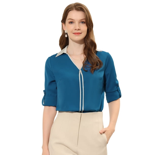 INSPIRE CHIC Blusa de trabajo de manga larga enrollable con cuello en V y ribete en contraste elegante para mujer lago azul L