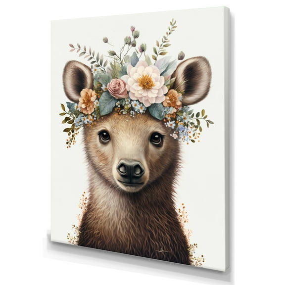 Designart Cute Baby Bear With Floral Crown IV Canvas Wall Art