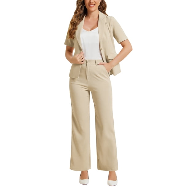 Conjunto de traje de oficina para mujeres INSPIRE CHIC, blazer de manga corta con un botón y pantalones de traje S color albaricoque oscuro