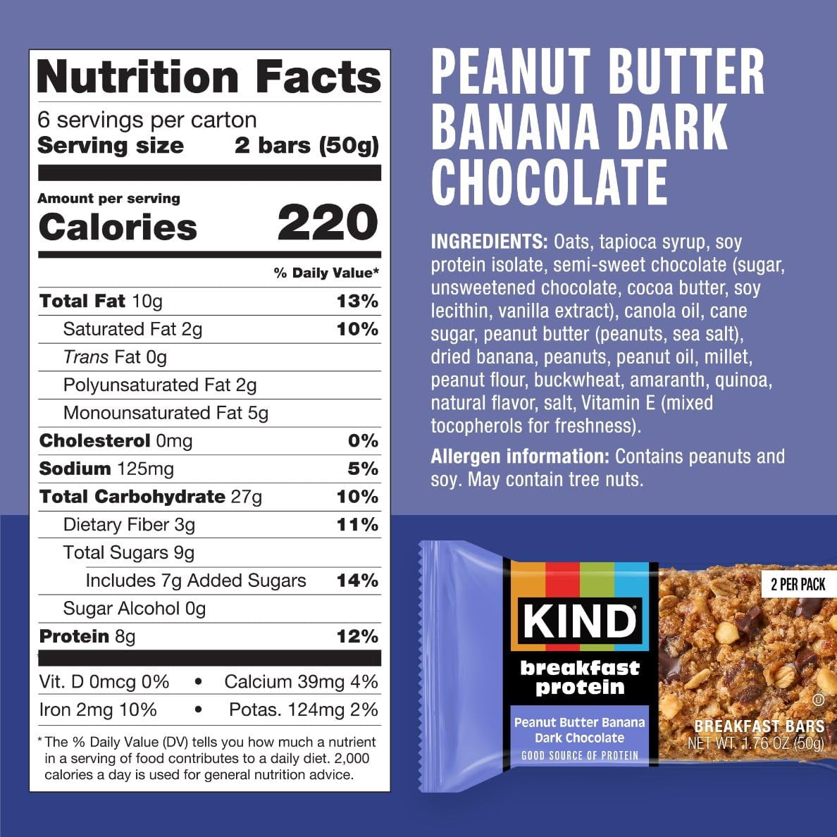 KIND Breakfast Protein Bars, Peanut Butter Banana Dark Chocolate, Healthy Snacks, Gluten Free, 8g Protein, 30 Count