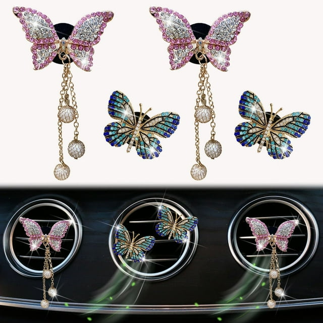 HUGFEGWE 4 Pcs Bling Butterfly Air Vent Clips, Crystal Butterfly Pandent Car Air Fresheners Vent Clips Car Diffuser Vent Clip Diamond Car Decoration Cute Car Interior Decor Bling Car UA824-15213