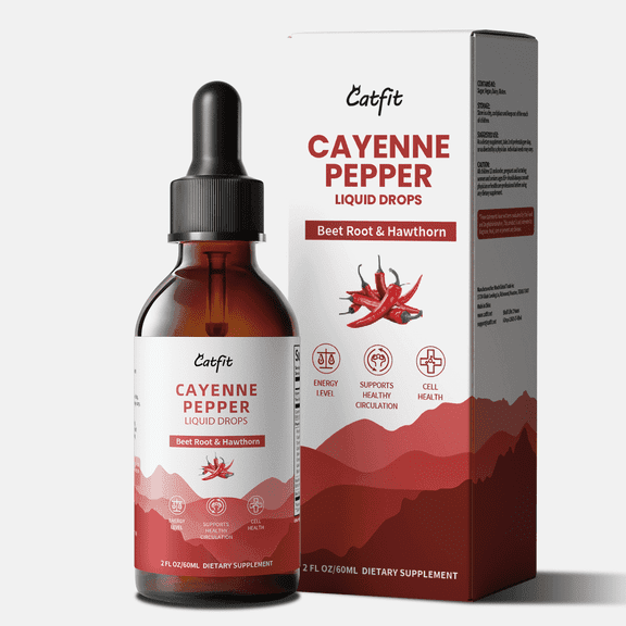 Cayenne Pepper Liquid Drops Supplement, with Hawthorn, Beet Root, Turmeric Curcumin & Panax Ginseng Extract, Support Digestive Health, 2 fl oz
