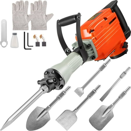 

VEVORbrand Electric Demolition Jack Hammer 2200W Jack Hammer Concrete Breaker 1400 BPM Heavy Duty Electric Jack Hammer 6pcs Chisels Bit w/ Gloves & 360°C Swiveling Front Handle for Trenching Chipping