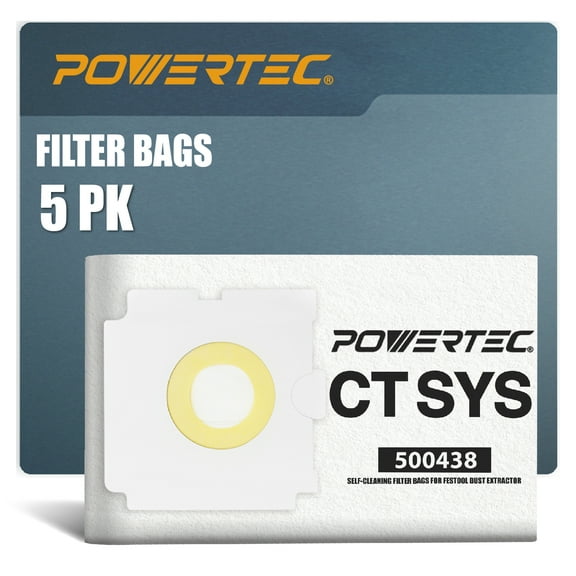 POWERTEC 5PK Shop Vacuum Bags for Festool CT SYS Dust Extractor, Replacement Fleece Filter Bags for Festool 500438 Shop Vacuum Dust Collection Bags, Shop Vacuum Accessories for Festool (75059)