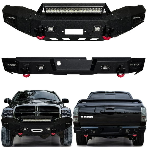 Vijay Compatible with 2006-2007-2008-2009 Dodge RAM 2500/3500 Front and Rear Bumper Textured Black Steel with Light and D-ring