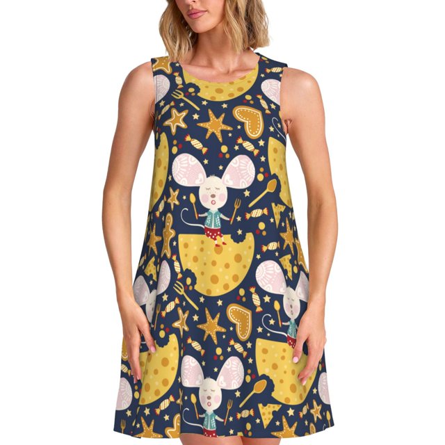 Fotbe Mouse Cheese Vestido de Verano sin Mangas para Mujer – Vestido Midi Línea A, Estilo Camiseta Floral, Vestido Playero Casual y Fluido