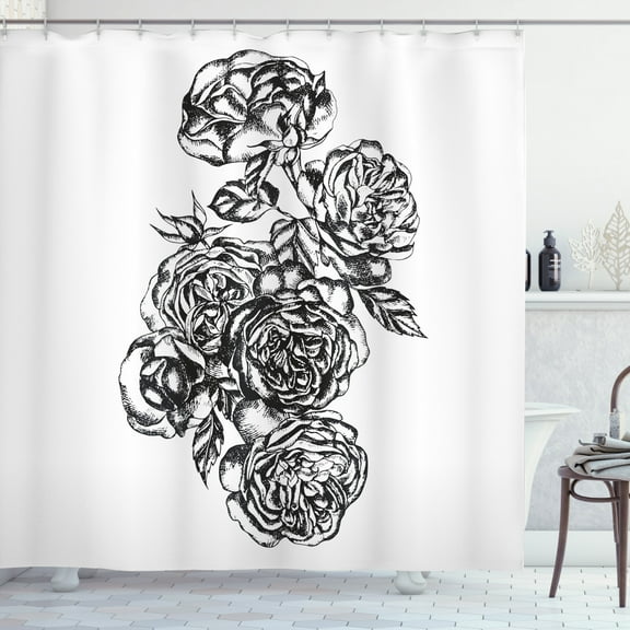 Floral Shower Curtain, Monochrome Flowers Arrangement Romantic Roses and Leaves, Fabric Bathroom Set with Hooks, 69W X 70L Inches, Charcoal Grey and White, by Ambesonne