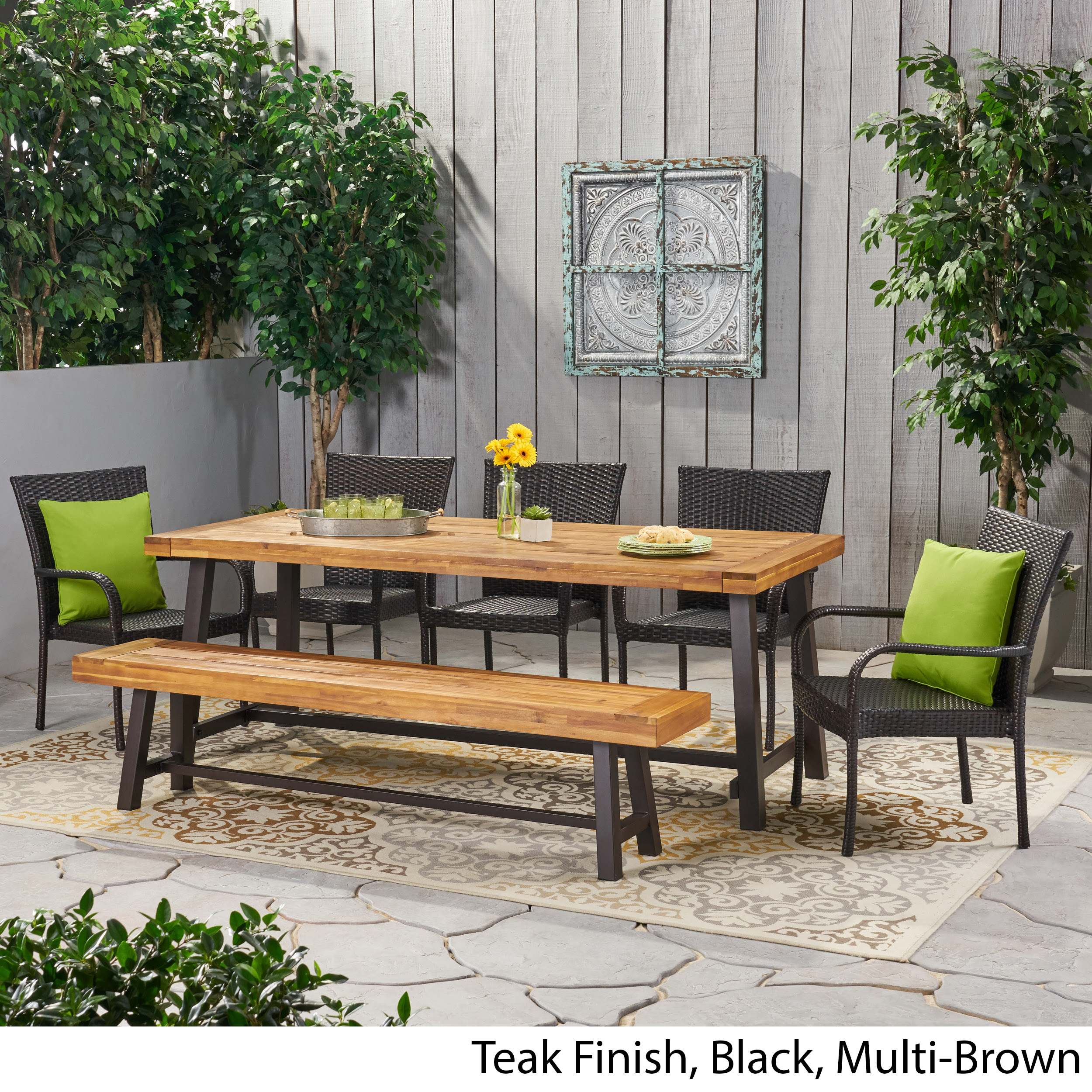 Logan Outdoor Rustic Acacia Wood 8 Seater Dining Set with Dining Bench, Teak, Black and Multi-Brown - image 2 of 10