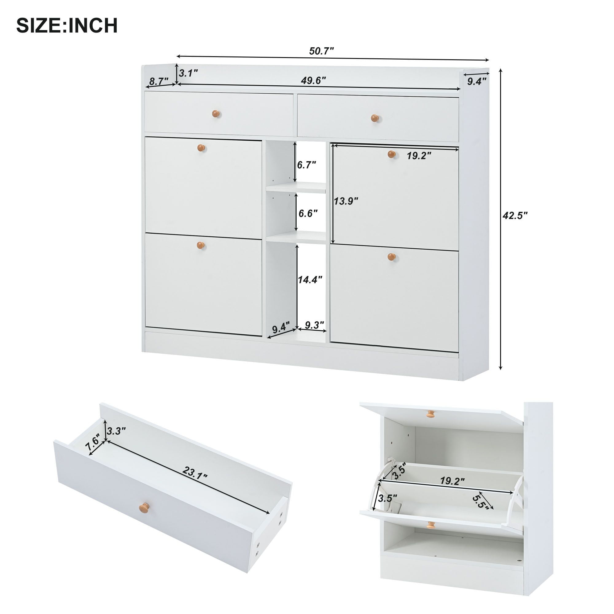 DEALTOPS Modern Freestanding Shoe Cabinet with 4 Flip Drawers and Open Shelves, Stylish Shoe Rack with 2 Storage Drawers for Entryway - White