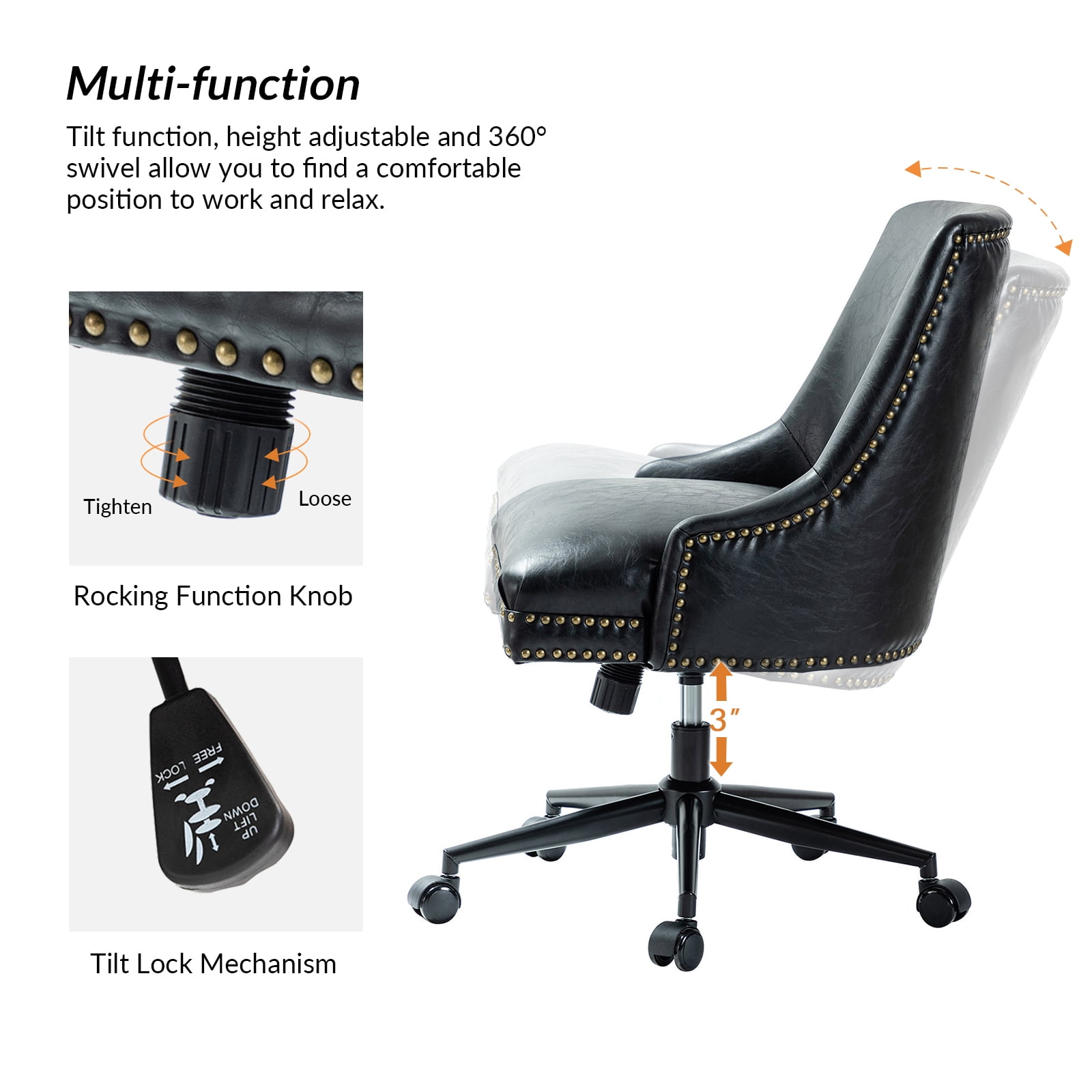Vegan Leather Task Chair Swivel Home Office Chair Height Adjustable Mid-back Upholstered Nailhead Trim Bedroom Black
