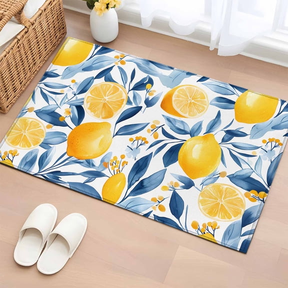 2x3 Ft Entryway Area Rug, Summer Lemon Kitchen Rug Runner Washable Floor Mat, Spring Pastoral Watercolor Fruit Blue Yellow Non Slip Indoor Door Mat Throw Carpet for Bathroom Living Room Bedroom