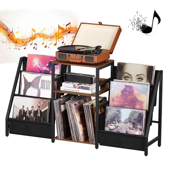LELELINKY Record Player Stand w/ Vinyl Storage Turntable Display Stand w/ 3 Shelves Rustic Brown