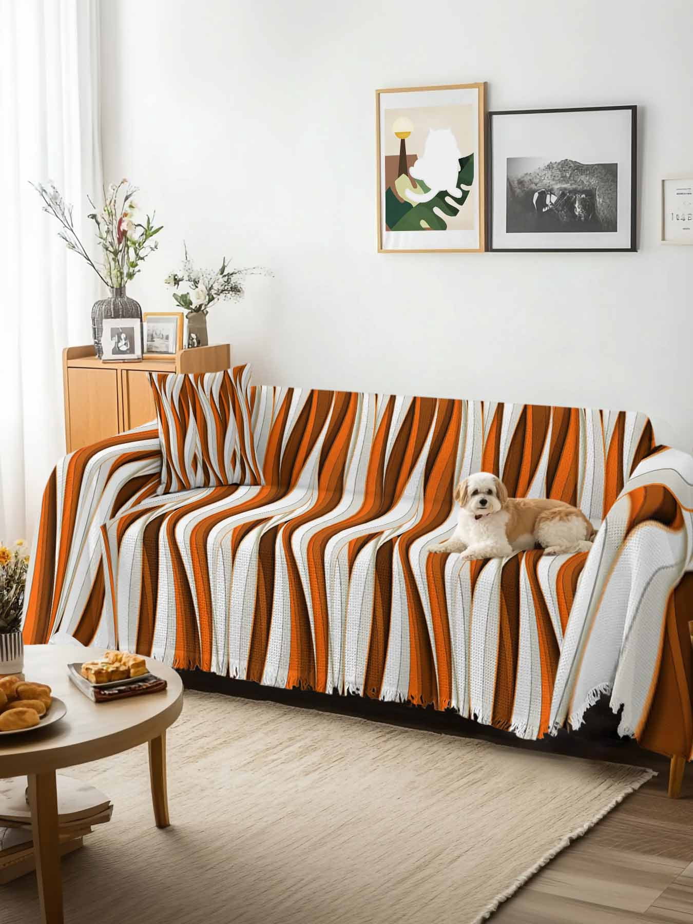 Burnt Orange White Moire Couch Cover, Modern Abstract Art Sofa Cover Blanket for 3 Cushion Couch,Sectional Sofa Slipcover Furniture Protector for Living Room Bedroom 71''x134''