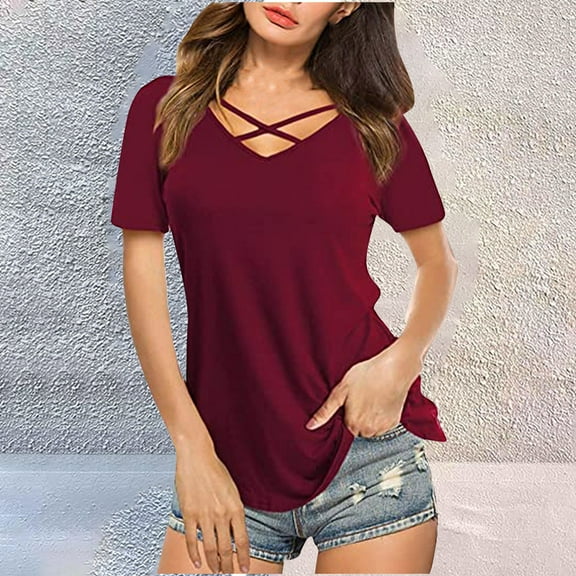 Tittly T Shirts for Women Basic Tees Womens Summer Tops V Neck Short Sleeve Basic Plain Tee T Shirt Tshirts Shirts Tops for Women Trendy RD2 XXL