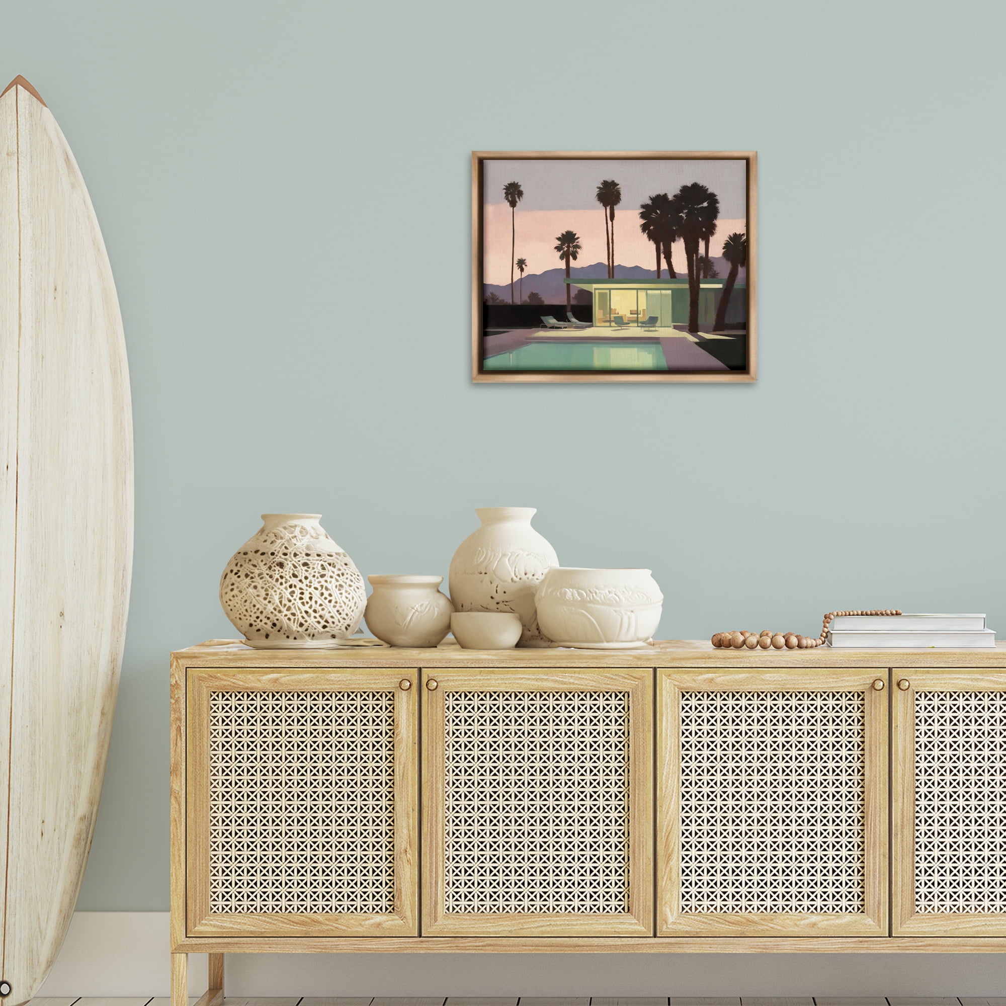 Stupell Industries Pool Surrounded by Palms Landscape & Nature Painting Brown Floater Framed Canvas Art Print Wall Art, 21 x 17