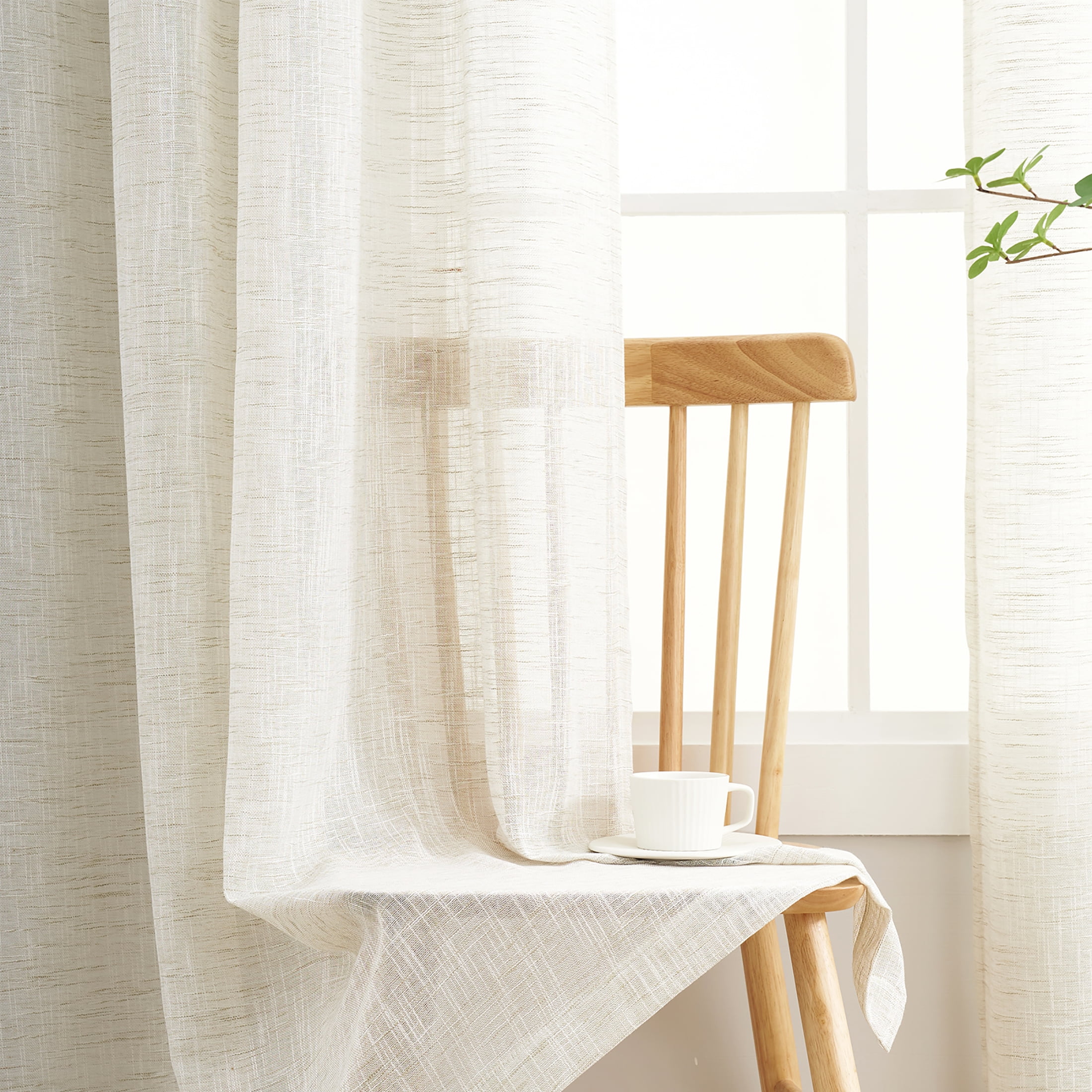 Exultantex Rustic Beige Burlap Sheer Curtain - 52"W x 95"L -Natural Home Decor Accent, 2pcs,Grommet Top