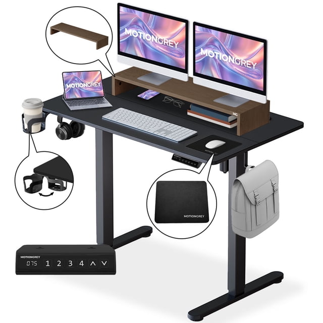 MotionGrey Ergo2 Standing Desk Bundle - Electric Height Adjustable Desk 40"x24" Black Top, Black Frame, Memory Settings-Ergonomic Sit Stand Home Office Desk with Monitor Rise
