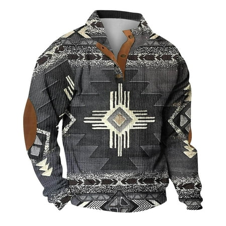 

Teissuly Men s Nationality Vintage Printed Stand-up Collar Buttons Long-Sleeved Casual Tops Blouse