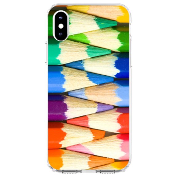 DistinctInk Clear Shockproof Hybrid Case for iPhone XR (6.1" Screen) - TPU Bumper, Acrylic Back, Tempered Glass Screen Protector - Rainbow Colored Pencils - Rainbow Art Supplies