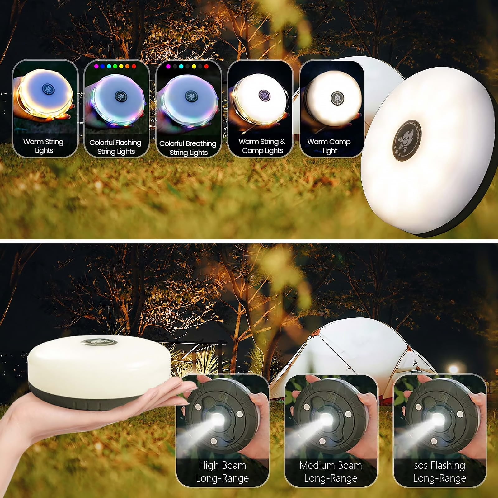 Luvan Outdoor Camping Lights Lantern,4 in 1 Waterproof Rechargeable Tent Light String for Garden,Yard,Hiking,Fishing,Emergency