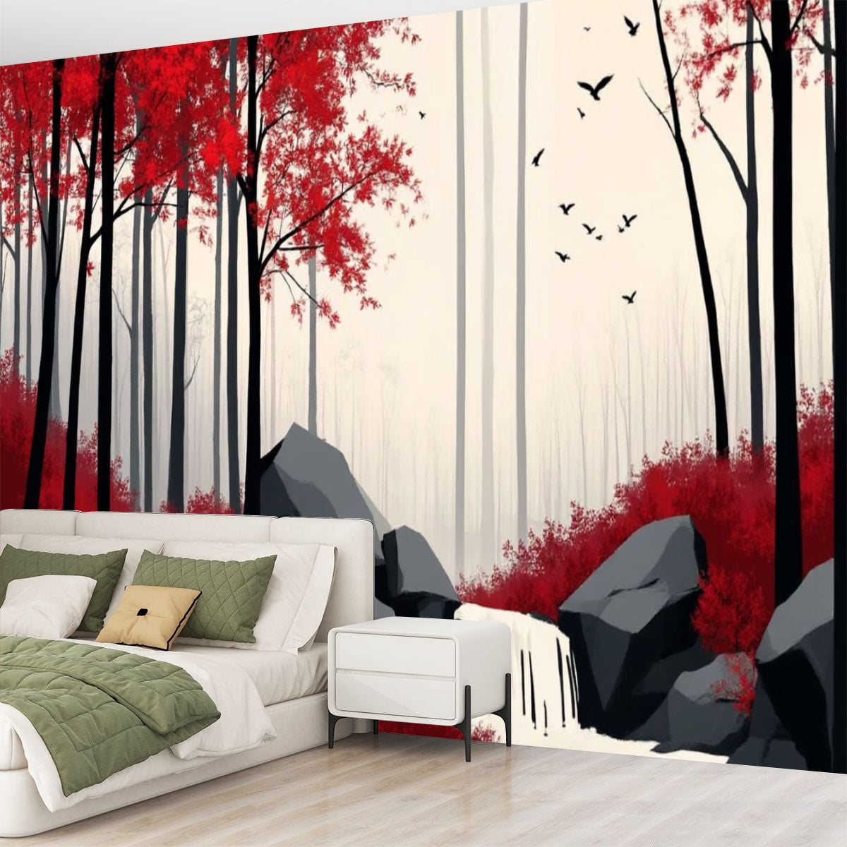 Peel and Stick Wallpaper Black White Red Woods Waterfall Landscape Foliage Dark Trees Red Trees Modern Art Wall Mural Decor Self Adhesive and Removable 69in x 98in