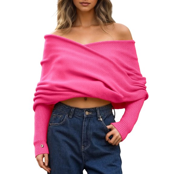 PMVFHDE Women's V-Neck Cross Front Solid Color Sweater Versatile Off Shoulder Way Scarf Top Red,One Size