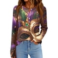 thumbnail image 2 of Mardi Gras Shirts Womens Glitter Feathers Print Long Sleeve Blouse Carnival Crew Neck Novelty Graphic Tee Gold 2XL, 2 of 6